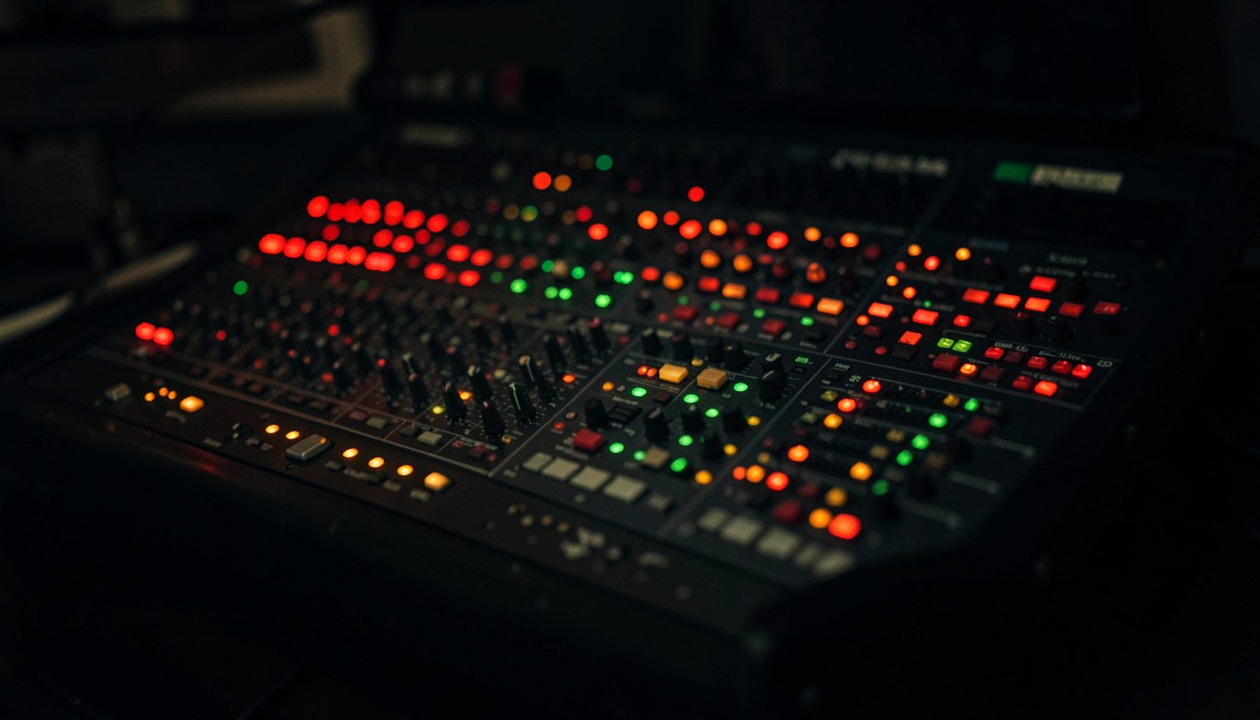 Dark studio mixing console with rows of illuminated red, green, and amber buttons and faders, moody low-light scene