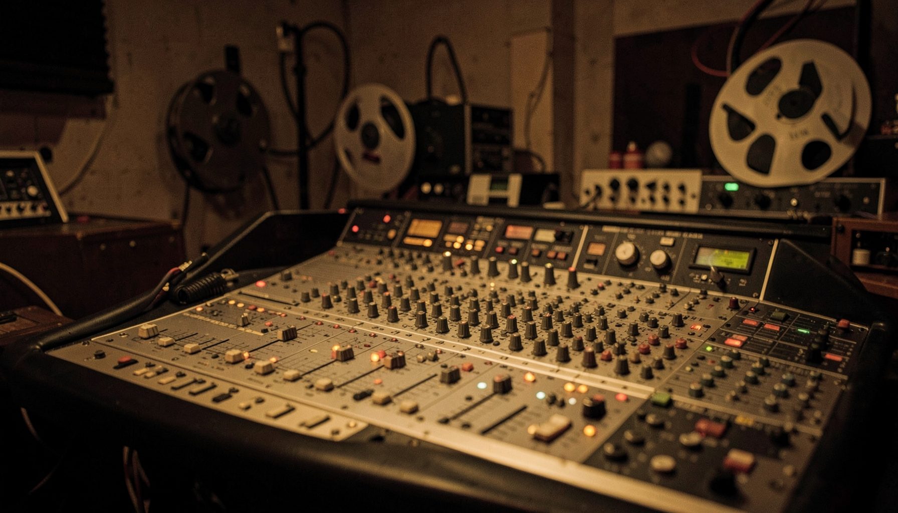 Close-up of a large analog mixing console with rows of knobs and faders, warm amber lighting, reel-to-reel tape machines in background