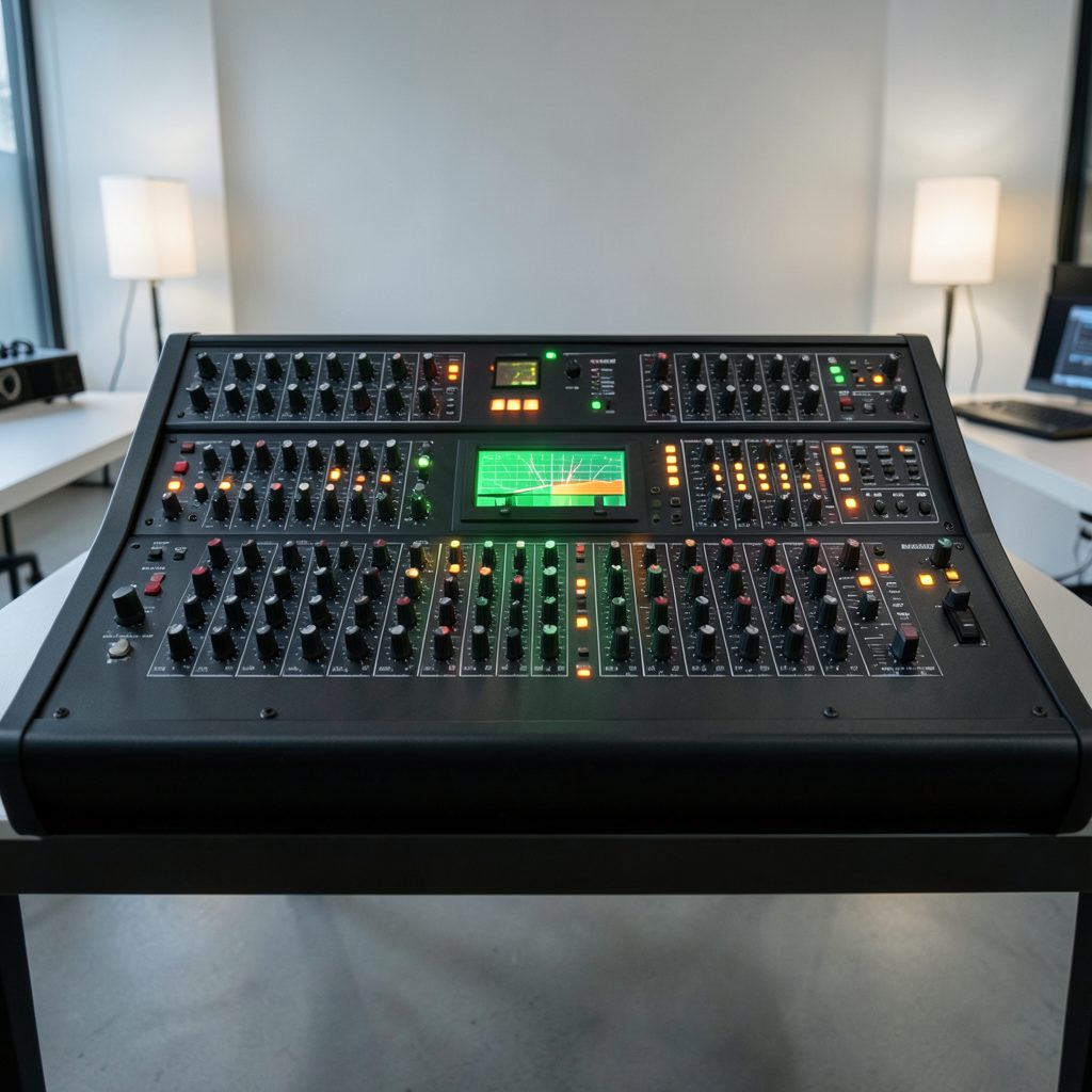 Modern black digital mixing console with green display screen and illuminated orange buttons, placed in a bright white room