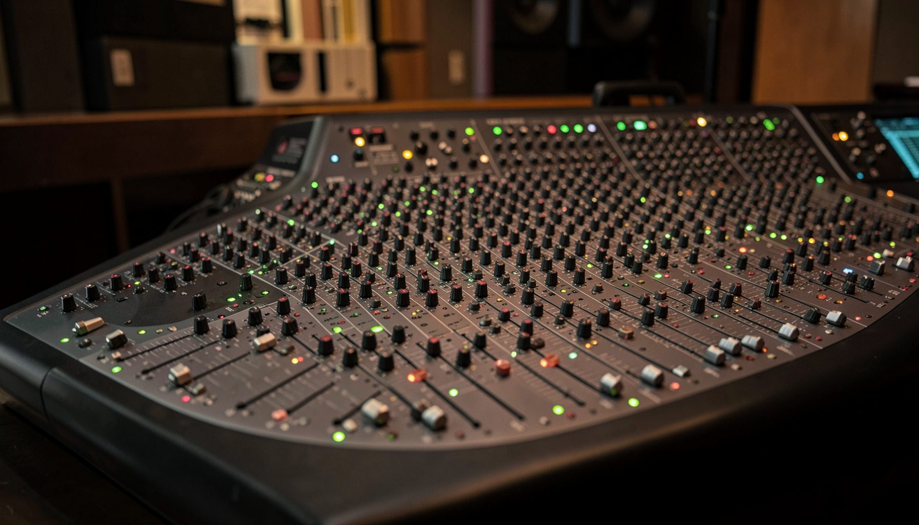 Wide angle view of a professional mixing console with many black knobs and colorful indicator lights, dim studio lighting
