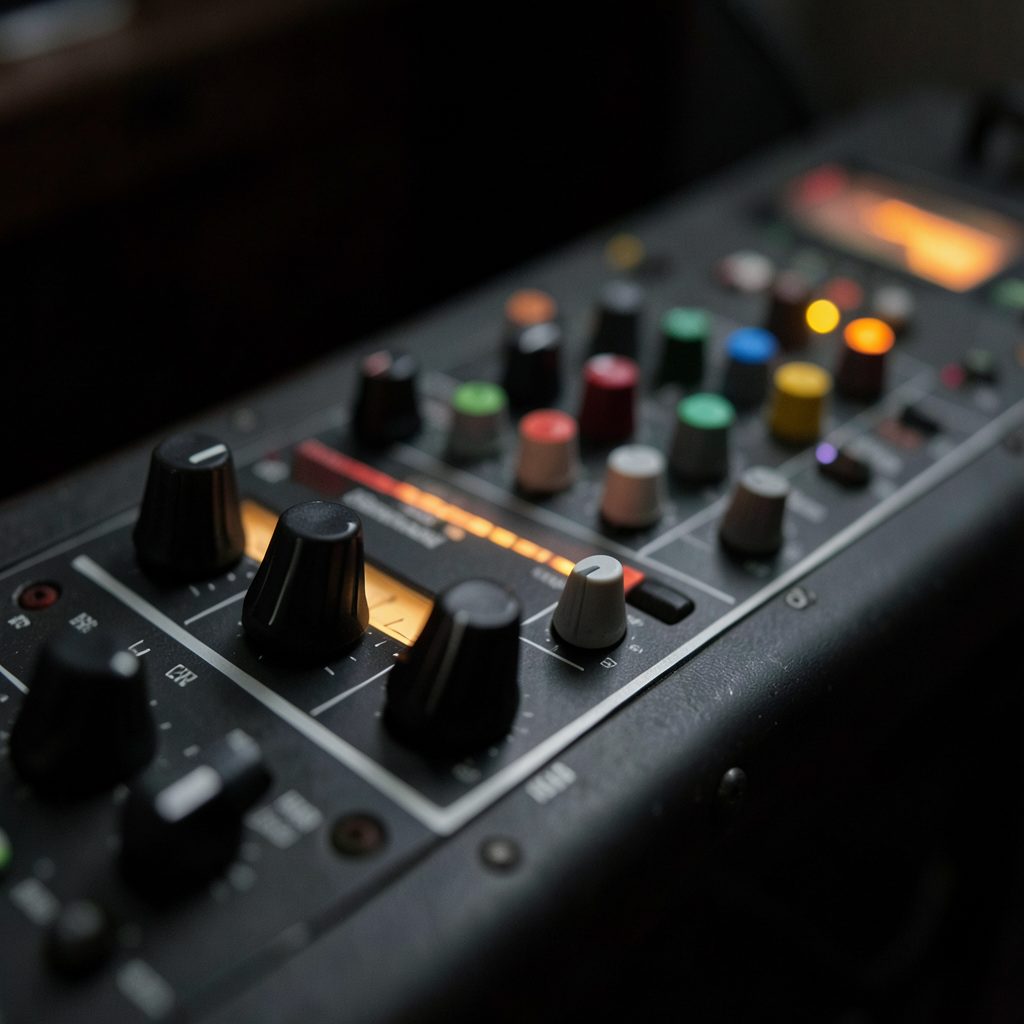 Close-up of a dark mixing console with colorful knobs illuminated by warm orange and amber lighting, moody low-light atmosphere