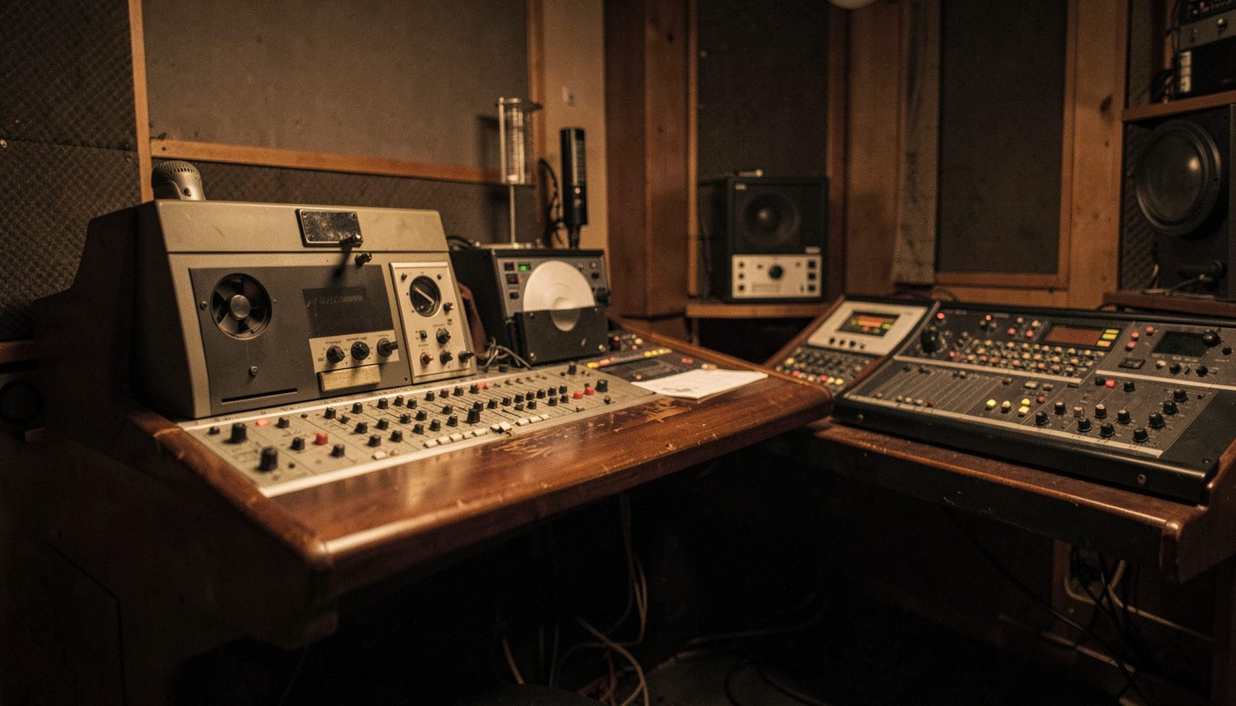 Recording studio corner with mixing console on wooden desk, tape machine, monitor speakers and microphone in background