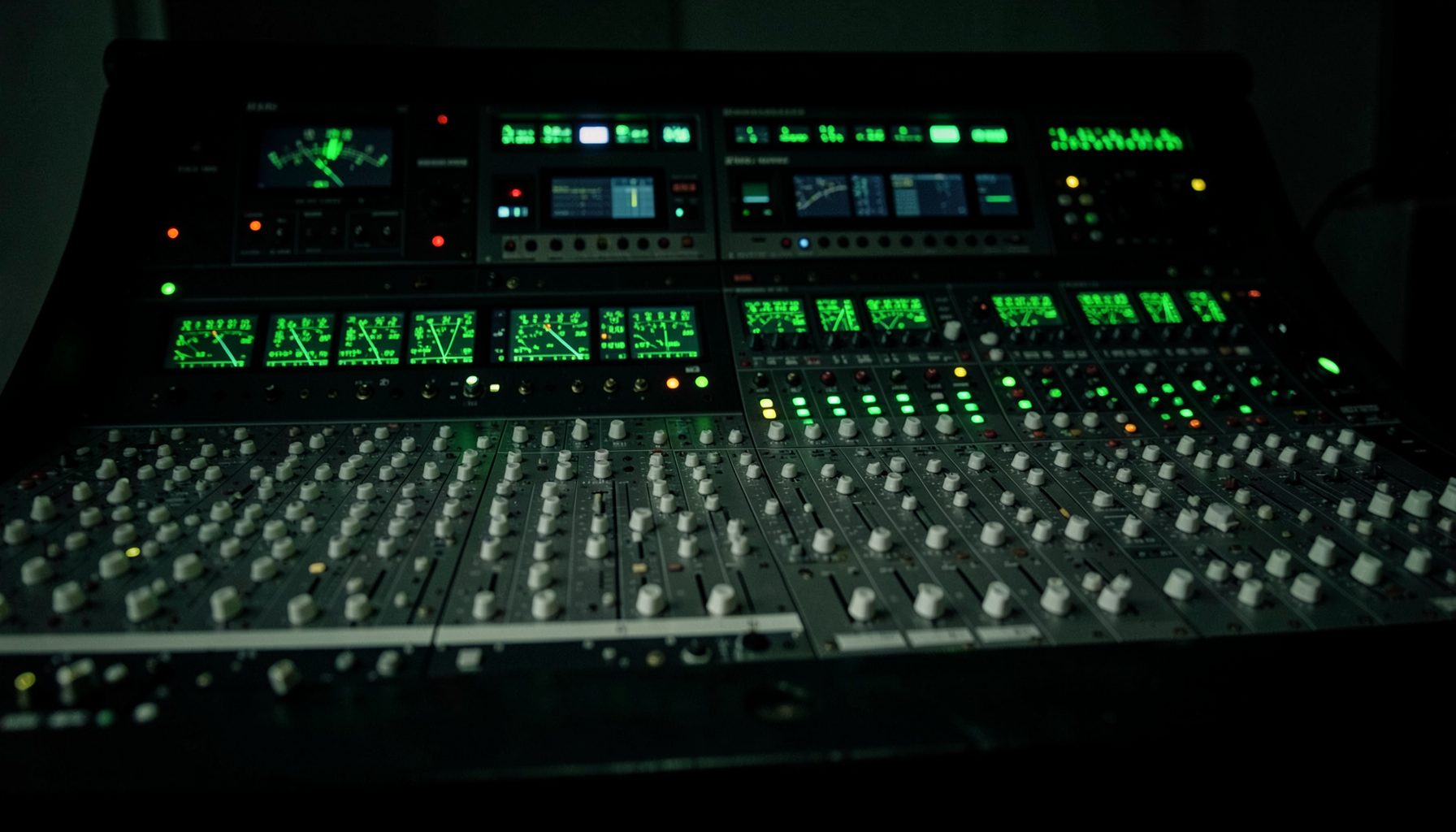 Close-up of an audio mixing console with glowing green digital meters and white knobs in a dark room