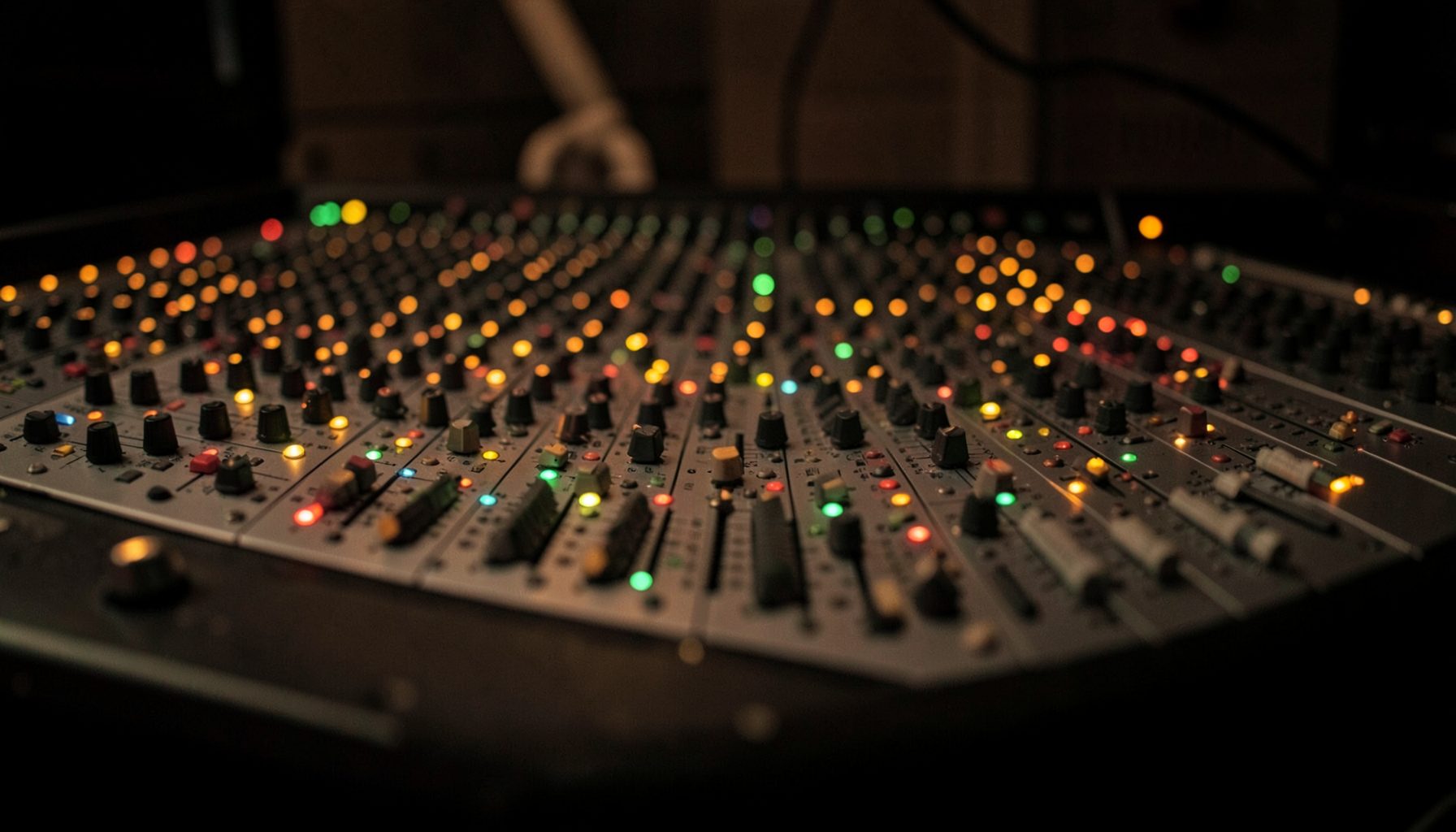 Rows of motorized faders on a large professional mixing console, illuminated by soft amber and green indicator lights in a dim studio
